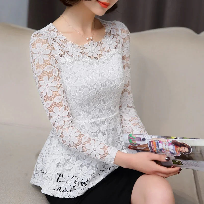 Women blusas blusa longa camisa feminina vintage long sleeve lace blouse plissado topo chemise femme Plus Size S-5XL