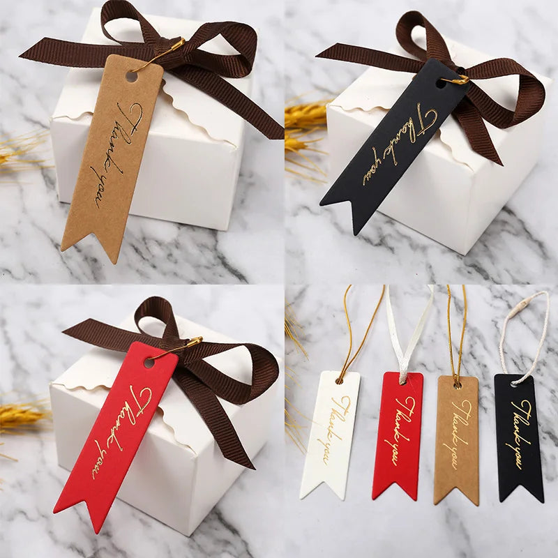 Gift Tags Thank You Cards 50pcs 7x2cm White Kraft Black Red Paper Labels Wedding Birthday Christmas Party Packaging Supplies