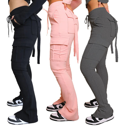 Cargo Pant Women Long Pants Sexy Slim Fit Casual Drawstring Splice Button Pocket Straight Trousers Lace Up High Elastic Waist