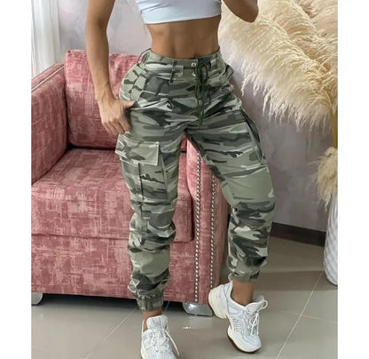 Cargo Pants for Women Camouflage Print Drawstring Pocket Design Pant 2024 Spring Casual High Waist Daily Cuffed Long Trousers