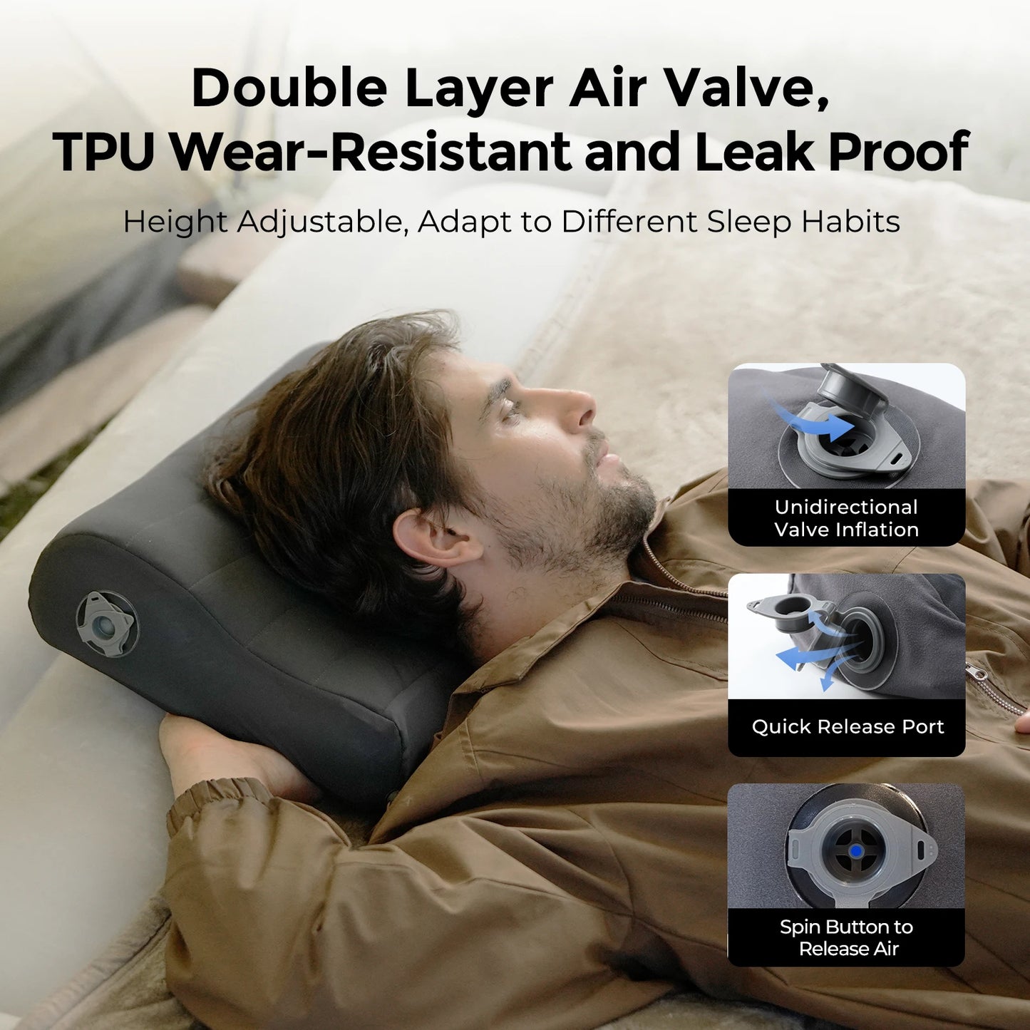 FLEXTAIL Inflatable Camping Pillow, Ergonomic Pillow for Travel and Home, Lightweight and Washable, Two Height Options