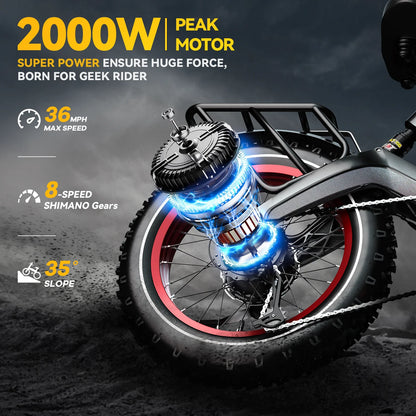 Cybervelo EK6 Peak 2000W 20"x4.0” Fat Tire Folding Electric Bike, 35MPH 100Miles ,48V 25Ah Build-in Battery, Foldable Ebike