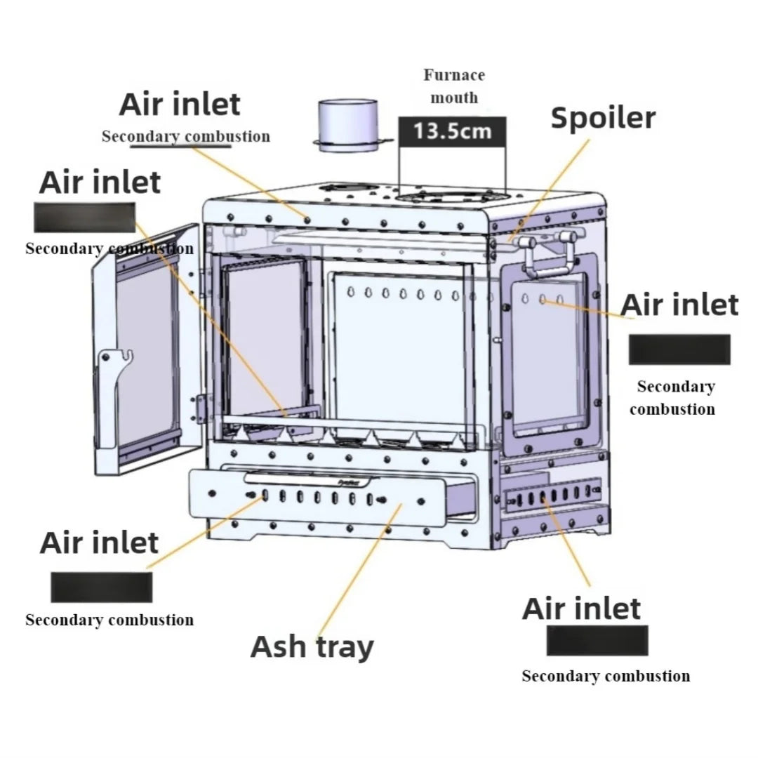 Portable Wood Stove 430 Stainless Triple-Sided Fire View Camping Tent Stove BBQ Grill Oven Outdoor Heater Thermometer SmiloDon