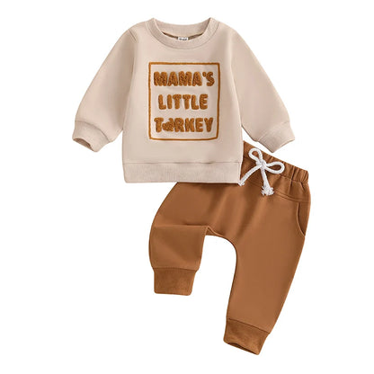 Adorable Baby Thanksgiving Clothes Set with Cute Embroidered Sweatshirt and Solid Pants for Toddler Boys and Girls